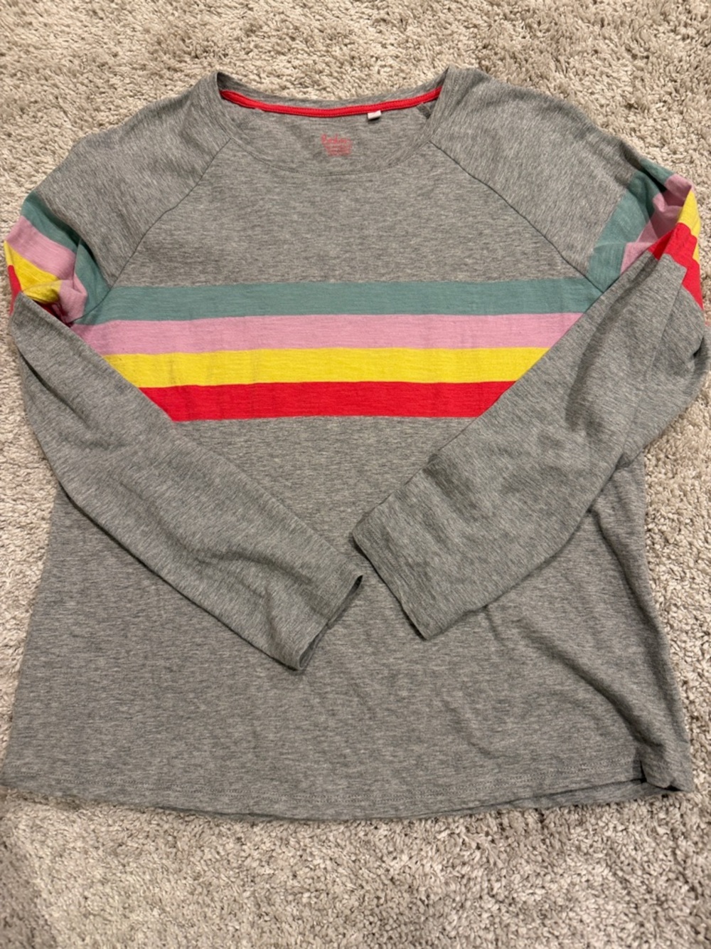 Boden Gray Long Sleeve Tee with Teal, Pink, Yellow & Red Stripes